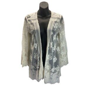 Sundance Cream Open Front Crochet duster‎ Lace Cardigan bell sleeve size XS